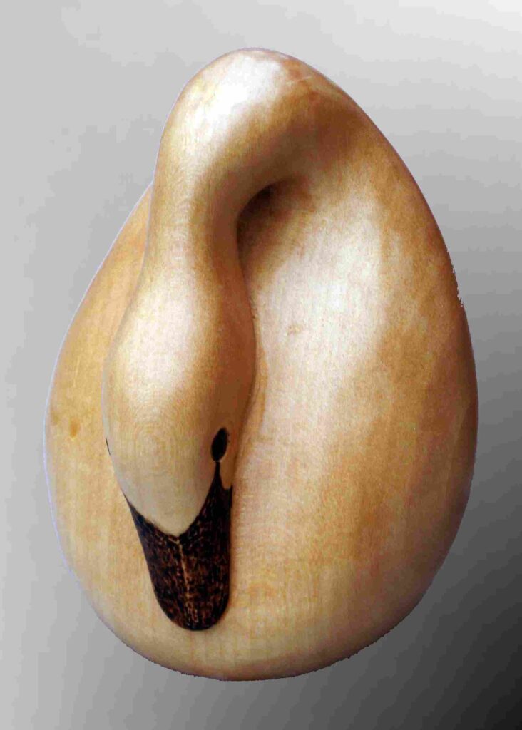 stylized wood carving of a baby swan shaped like an egg by gary carver of carverscarvings