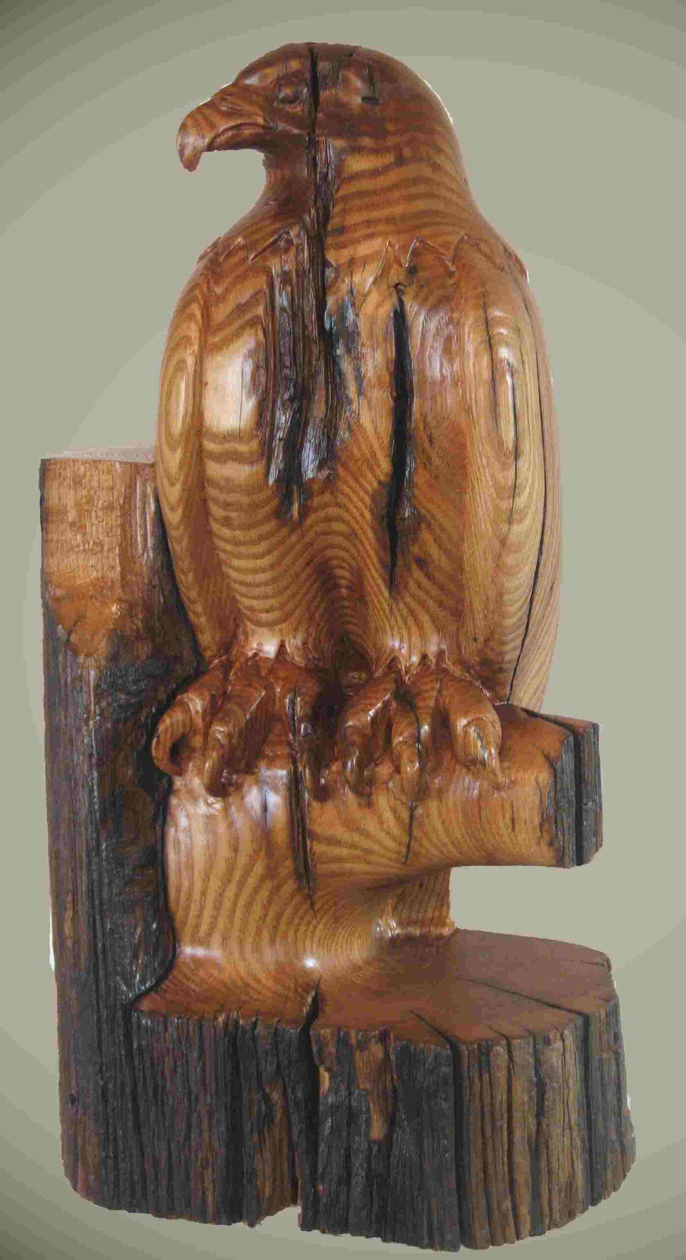 stylized american chestnut wood carving of an eagle named broken heart by gary carver of carverscarvings