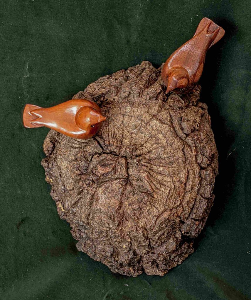 two stylized wood carvings of nuthatches mounted on a burl by gary carver of carverscarvings