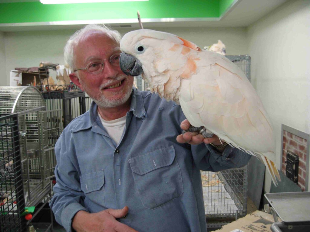 a photograph of gary carver of carverscarvings standing in his aviary holding his pet cockatoo named punky