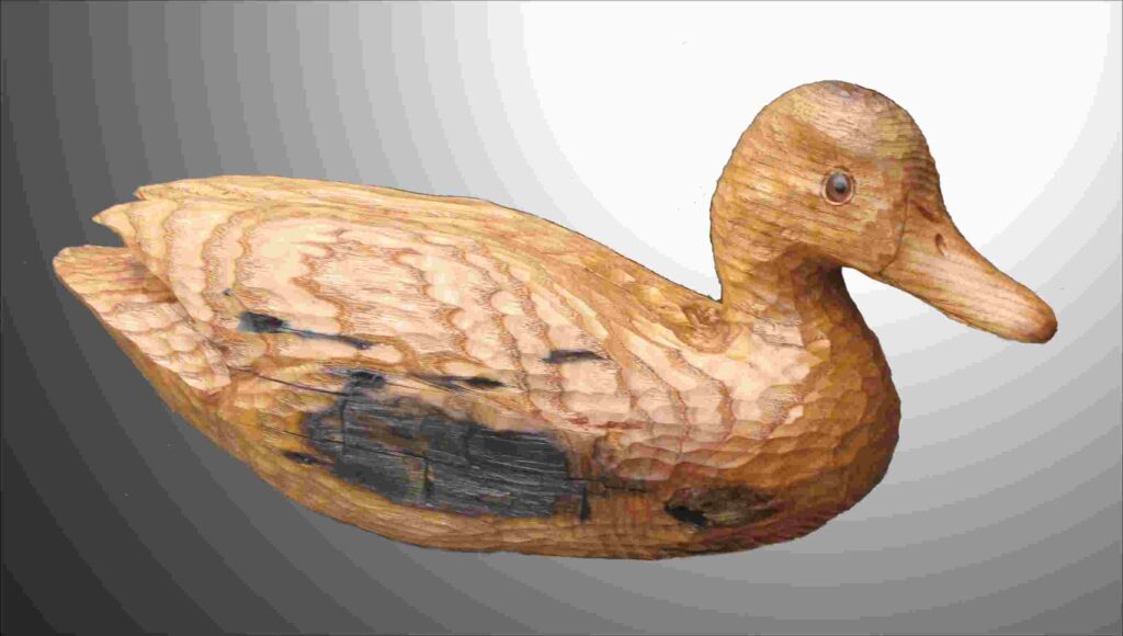 stylized chestnut wood carving of a mallard duck by gary carver of carverscarvings