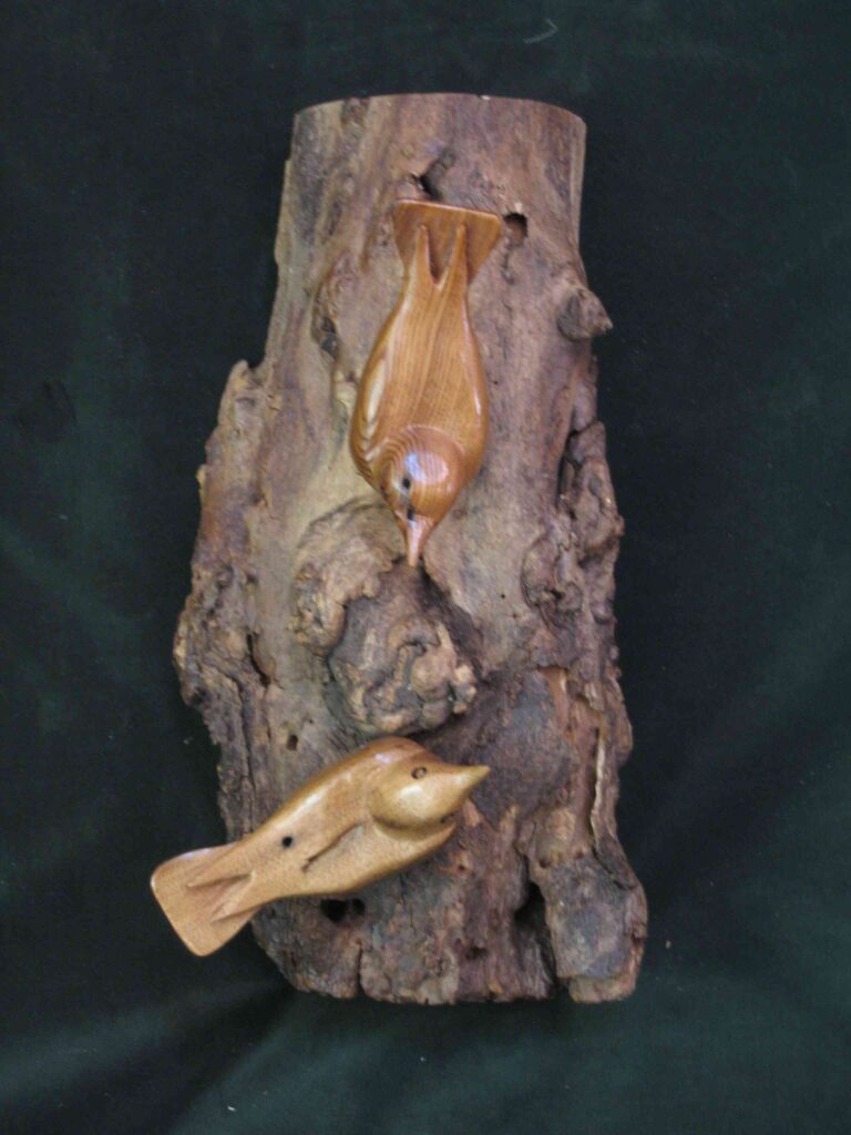 two stylized american chestnut wood carvings of nuthatch birds mounted on a burl by gary carver of carverscarvings