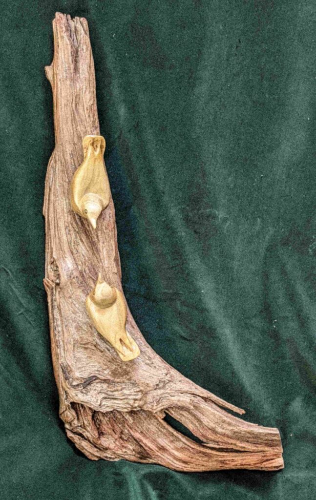 two stylized nuthatches wood carvings by gary carver of carverscarvings