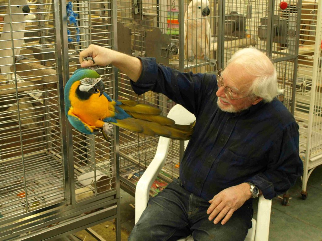 gary carver of carverscarvings with his pet macaw parrot hanging from his hand