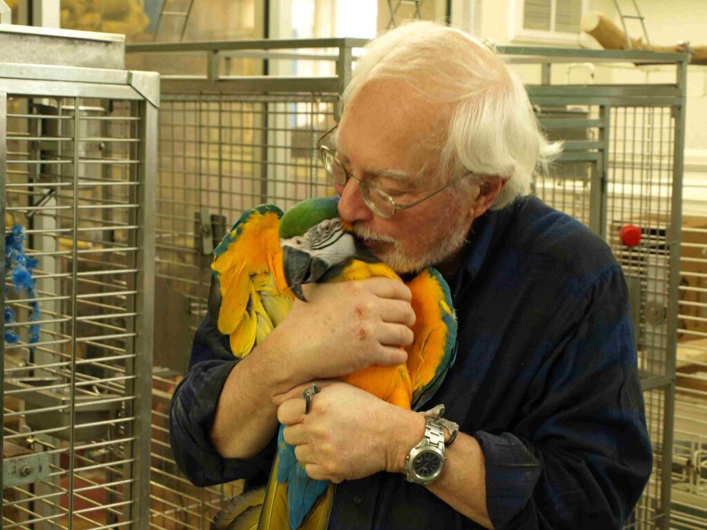 gary carver of carverscarvings holding his pet macaw parrot