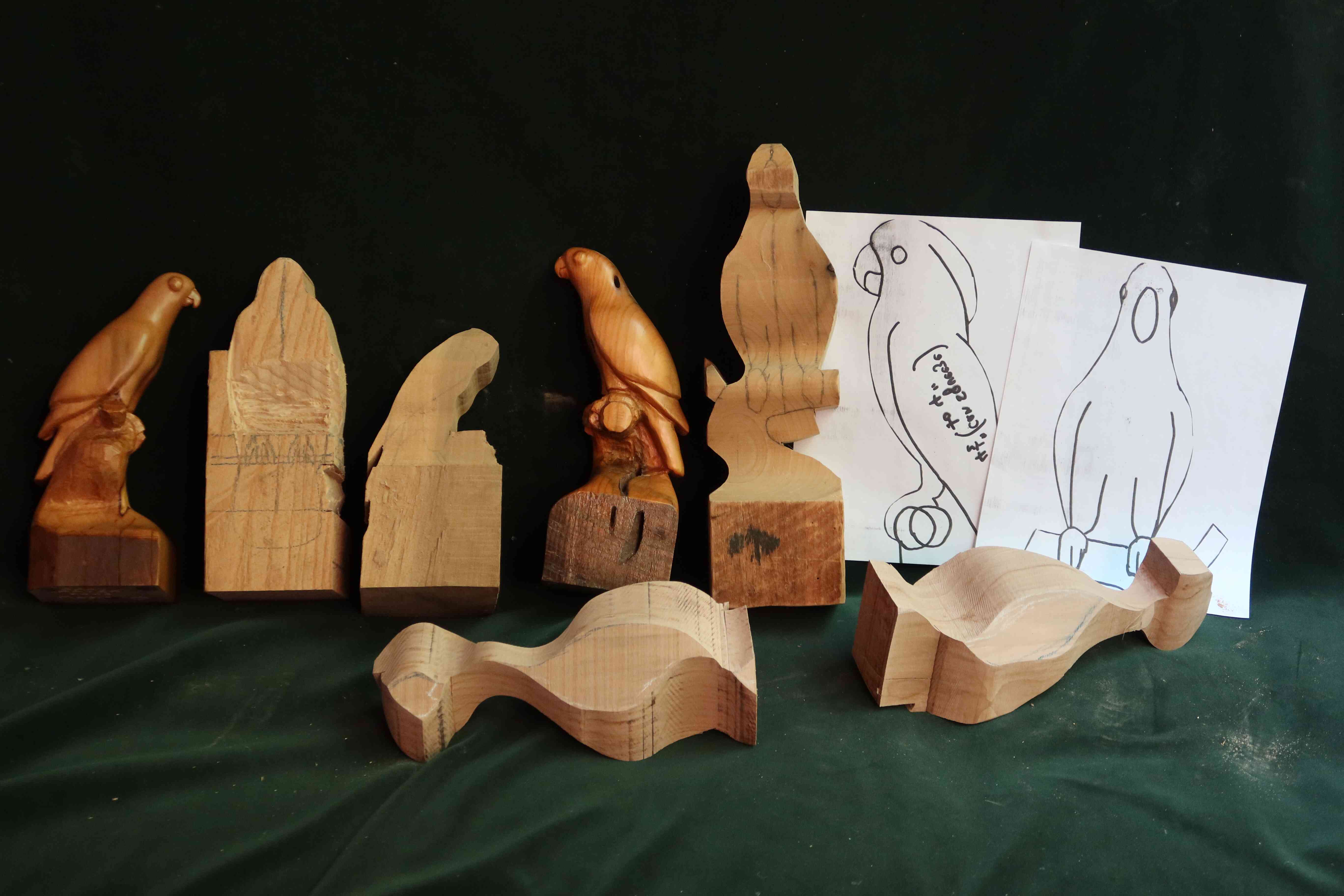 display of several stylized wood carvings of parrots by gary carver of carverscarvings