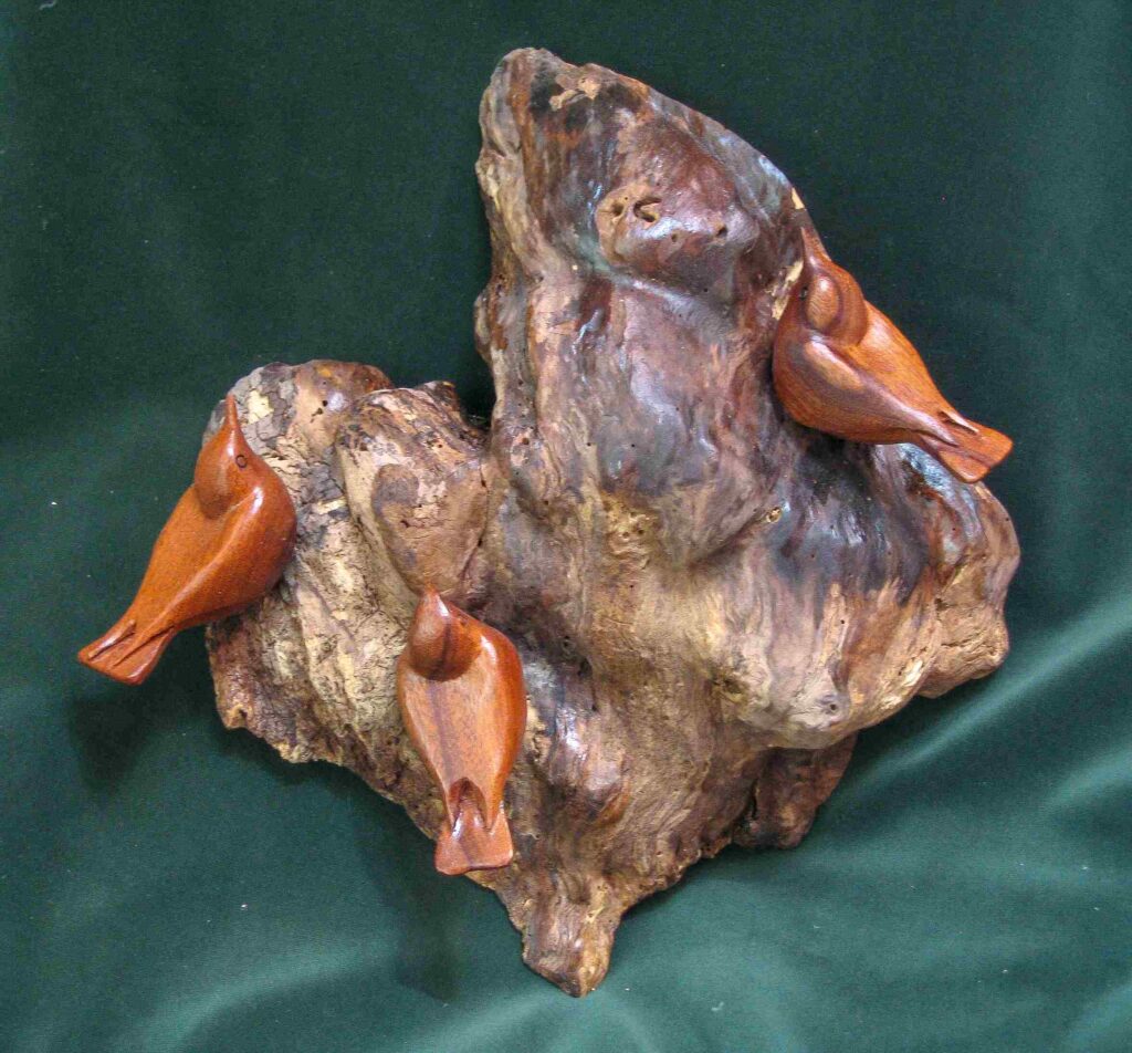 three stylized wood carvings of nuthatches on a burl of wood by gary carver of carverscarvings