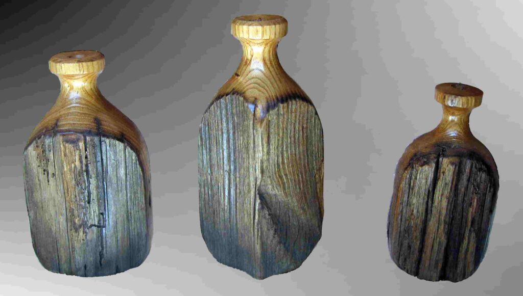 three old american chestnut fence post dry vase wood carvings by gary carver of carverscarvings